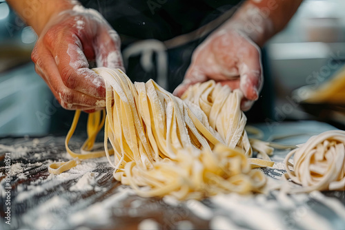Closeup of process of making cooking homemade pasta. Chef make fresh italian traditional pasta
 photo