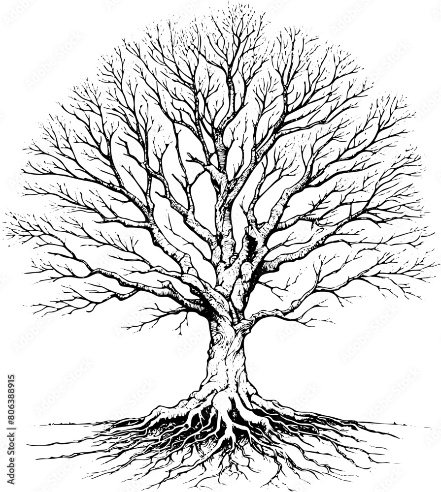 Arbre sans feuilles - Dessin au trait line art, vecteur noir avec contour isolé fond transparent. Style minimaliste, peut convenir a page de livre de coloriage, journal, agenda, cahier.