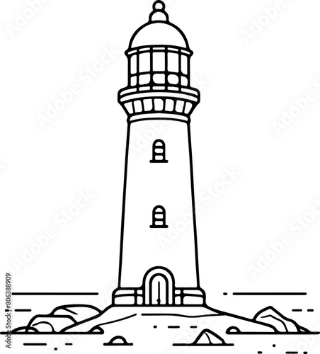 Phare - Dessin au trait line art, vecteur noir avec contour isolé fond transparent. Style minimaliste, peut convenir a page de livre de coloriage, journal, agenda, cahier.