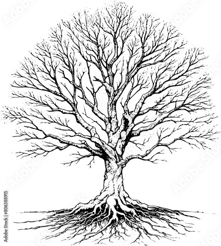 Arbre sans feuilles - Dessin au trait line art, vecteur noir avec contour isolé fond transparent. Style minimaliste, peut convenir a page de livre de coloriage, journal, agenda, cahier.