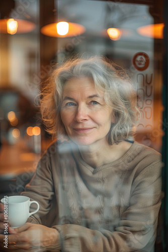 Happy mature woman with coffee cup sitting in cafe seen through glass
 photo
