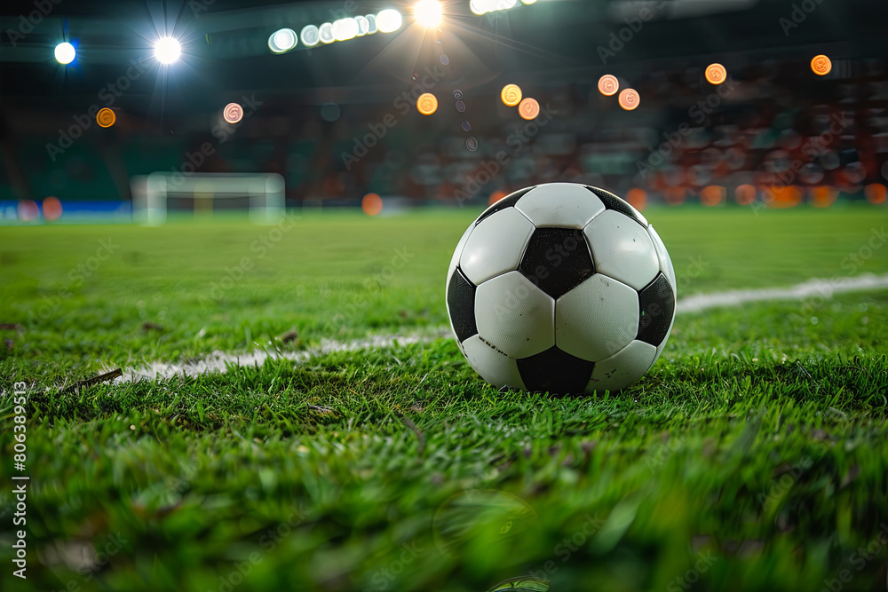 Obraz premium Closeup soccer ball on grass of football field at crowded stadium with spotlights at evening time 