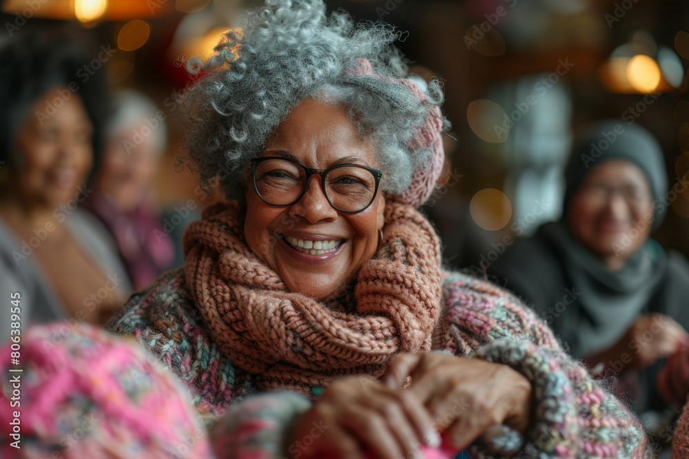 Joyful senior women knitting and chatting in a vibrant community center. AI generated.