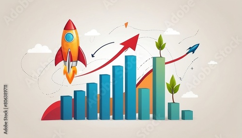 business graph with arrow, Growth concept with a chart and a rocket flying up illustration, compound interest with rocket launch icon investment fast track wealth or earning created with generative ai