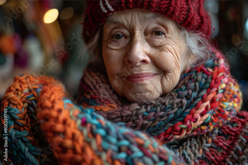 Joyful senior women knitting and chatting in a vibrant community center. AI generated.