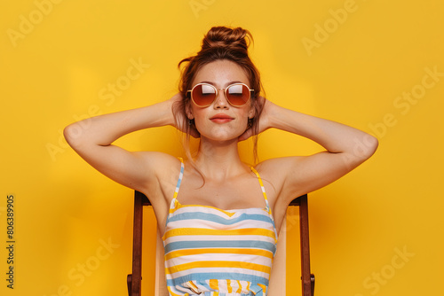 Young calm woman wear summer clothes sit in deckchair hold hands behind neck isolated on plain yellow background photo