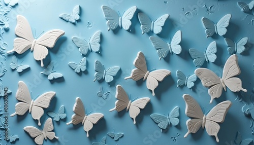 Light decorative light blue texture of plaster wall with volumetric decorative butterflies created with generative ai © Chaudhry