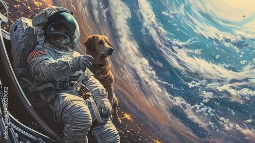 An astronaut and a dog in a small spacecraft observing Earth from space, witnessing massive storms and wildfires caused by global warming, documenting changes. photo