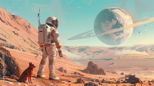 An astronaut with a dog at his side on a desertified planet once rich and vibrant, using advanced technology to study how global warming could be reversed photo
