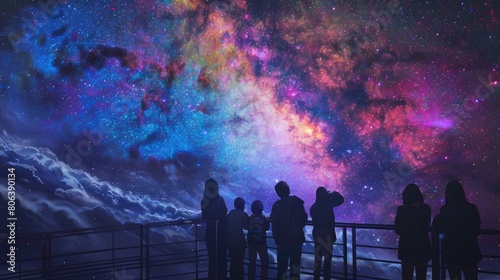 An observation deck on a distant planet dedicated to viewing the Milky Way, people of various species sharing the moment as they look towards their galactic origin photo