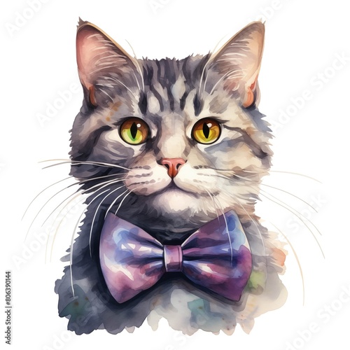 Cat with tie. Elegant kitten clipart. Watercolor illustration. Generative AI. Detailed illustration.