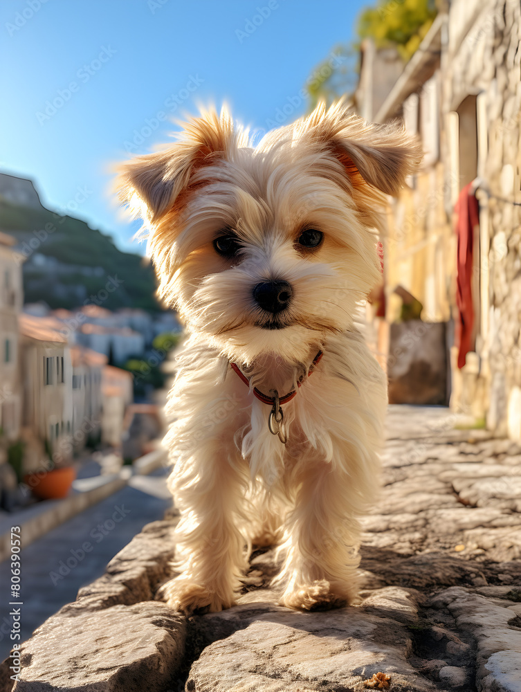 A small, white fluffy dog with a curious expression standing on an ancient cobblestone street with buildings in soft focus behind,  sea city summer vacation traveling adventure with a pet