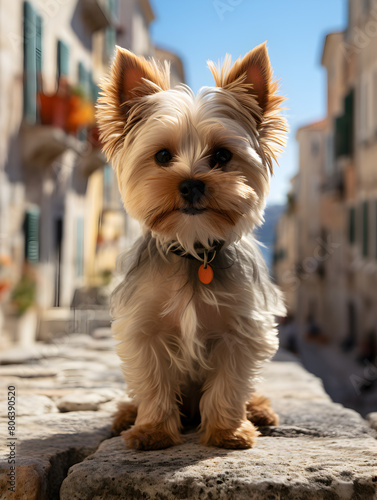An alert Yorkshire Terrier poses confidently on a rustic stone surface amidst a picturesque European street,  sea city summer vacation travel with a pet © Jasmina