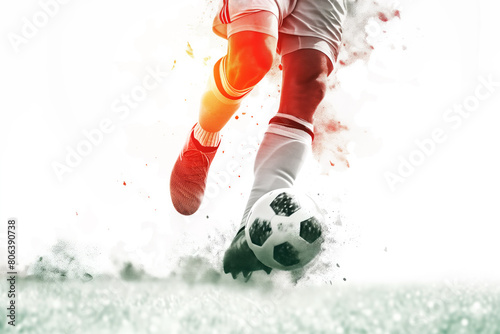 A soccer player kicks a ball on a field
