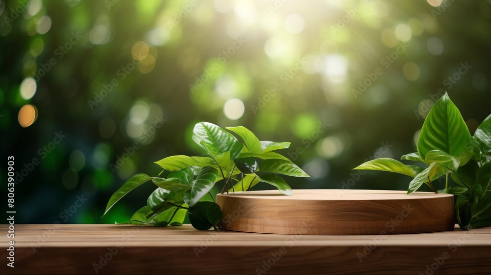 The wooden table is placed in a lush green forest The wooden table is placed in a lush green forest