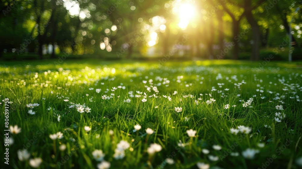 A field of white flowers is in the sun. The sun is shining brightly on the field, making it look bright and cheerful. The flowers are scattered throughout the field, creating a sense of abundance