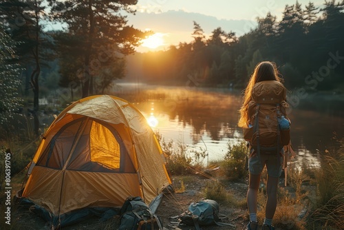 Woman tourist camping in mountains. Slim female tourist standing in forest near tent. Beautiful girl hiking, traveling, smiling, holding backpack, enjoying nature. Concept of healthy lifestyle.