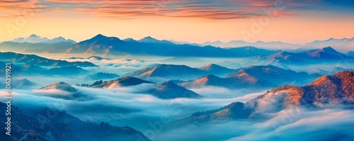 Beautiful panorama of mountains in the clouds, nature wallpaper concept, landscape, wide banner, top down, aerial view, drone photo style