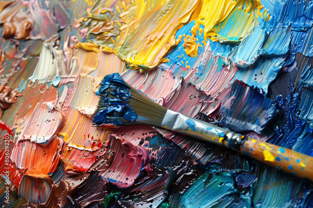 Close-up of Paint Brush on Colorful Palette