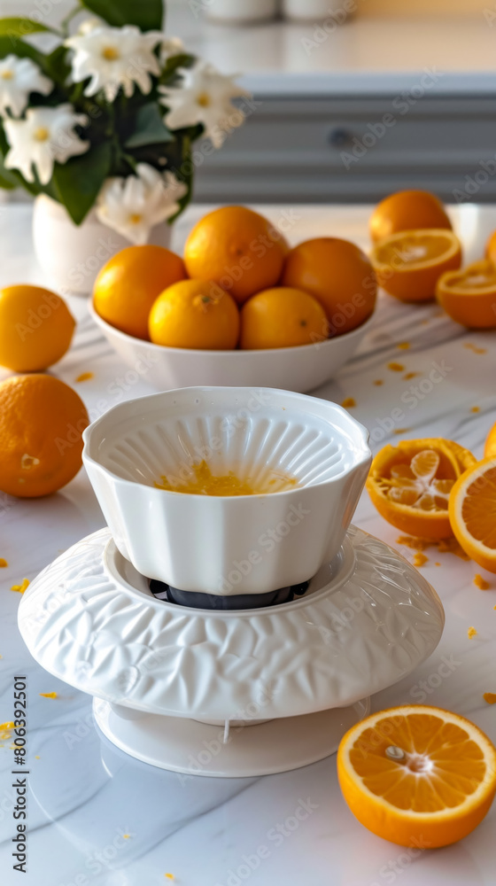 A white bowl with a white lid sits on a table with a bunch of oranges