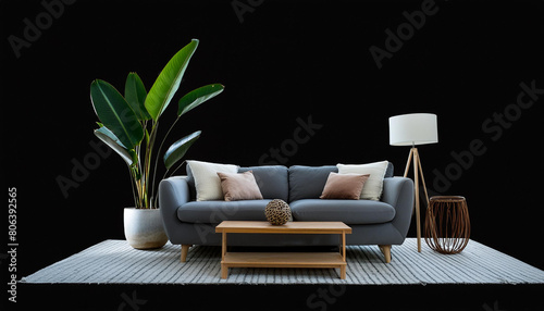 Sofa and room decoration, wall black. generative Ai