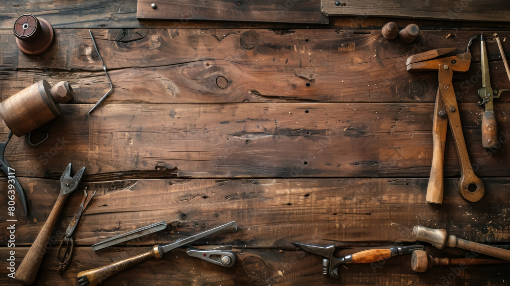 DIY Woodworking, Hand tools and wooden planks in workshop, Craftsmanship, Space for text DIY Woodworking, Hand tools and wooden planks in workshop, Craftsmanship, Space for text