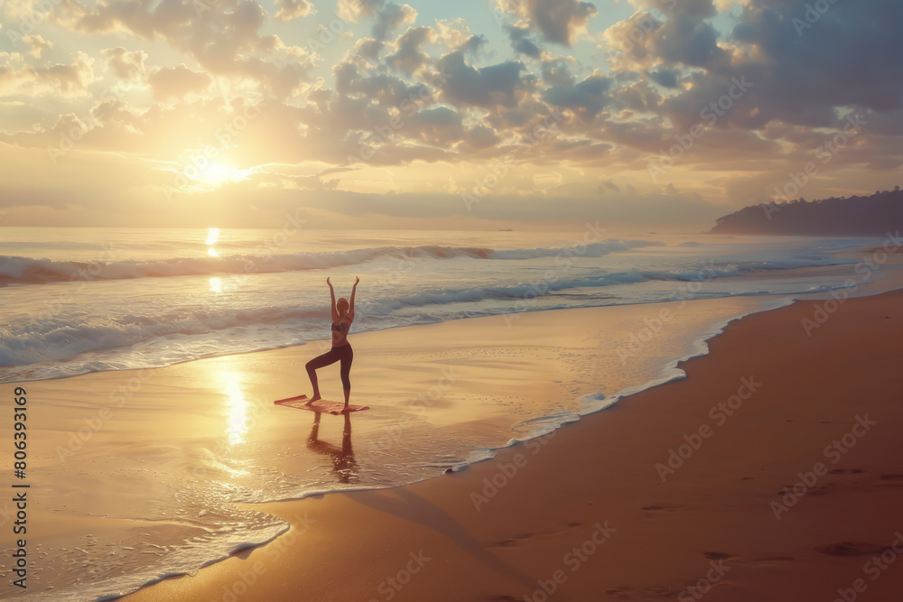 Yoga at Sunrise, Person practicing poses on beach at dawn, Serenity, Space for text