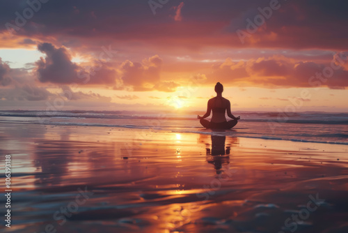 Yoga at Sunrise  Person practicing poses on beach at dawn  Serenity  Space for text