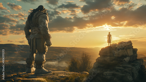 Illustration of a giant standing on a rock dressed in ancient clothes, next to him is an ordinary man