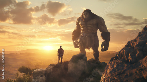 Illustration of a giant standing on a rock dressed in ancient clothes, next to him is an ordinary man