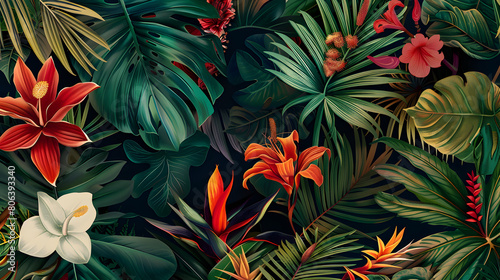 Vibrant wallpaper design featuring an exotic array of tropical flowers and lush foliage, creating a rich and dense jungle atmosphere.