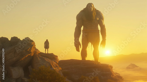 Illustration of a giant standing on a rock dressed in ancient clothes, next to him is an ordinary man photo