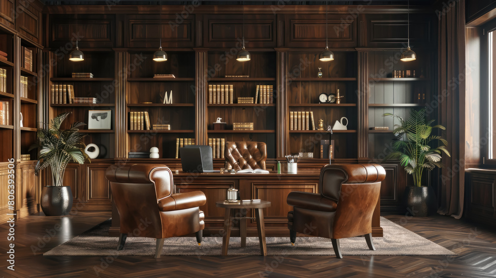 Executive Retreat, Luxurious office with leather chairs and wooden bookshelves, Leadership and success, Space for text