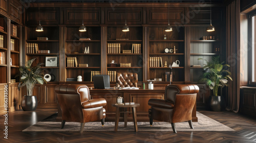 Executive Retreat  Luxurious office with leather chairs and wooden bookshelves  Leadership and success  Space for text
