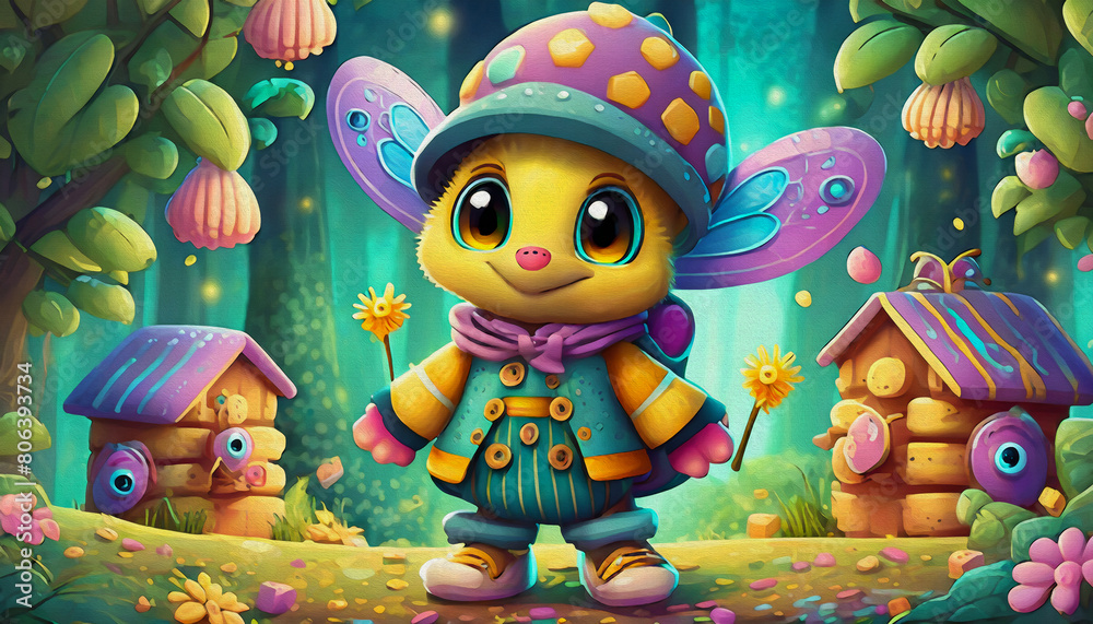 oil painting style cartoon character baby bees with honey and hives
