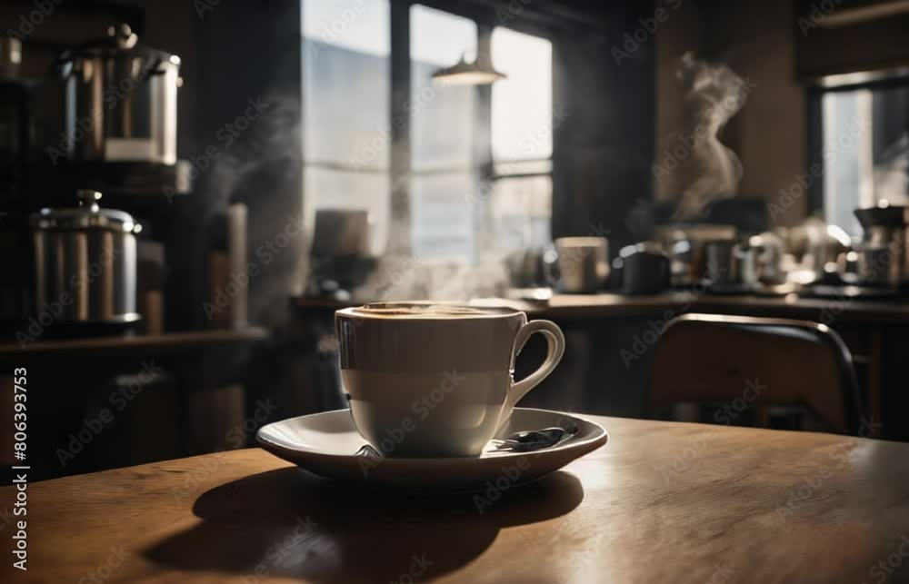 CUP OF HOT COFFEE AT DAWN IN A KITCHEN. VIDEO. HORIZONTAL. CUP OF HOT COFFEE AT DAWN IN A KITCHEN. VIDEO. HORIZONTAL.