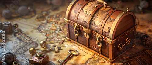 Close-up view of an ornate antique treasure chest adorned with brass accents, resting on a vintage world map surrounded by old keys and compasses. photo