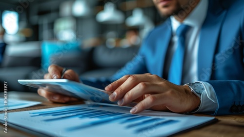 Colleagues analyzing financial data on a tablet computer