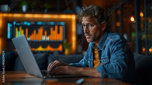 On the laptop screen, a business person analyzes financial statistics