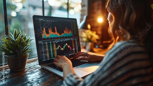 Financial statistics are being analyzed on a laptop screen by a businessperson