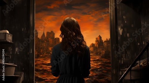 a woman standing in front of a painting of a city at sunset