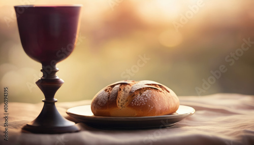 Bread and wine communion cup in outdoor shot. Outdoor communion service.