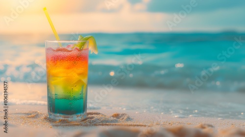 Close up of a multicolor Drink in the Sand. Beautiful Summer Vacation Backdrop