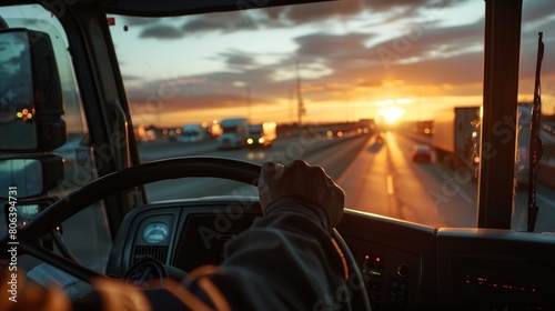 a person driving a bus on a highway at sunset photo