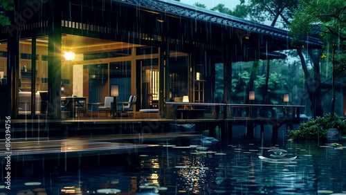 Japanese-style coffee shop with a lotus pond at night when it rains. animated video background. Looping video