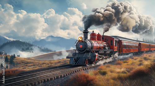 A train is traveling down a track with smoke coming out of the engine photo