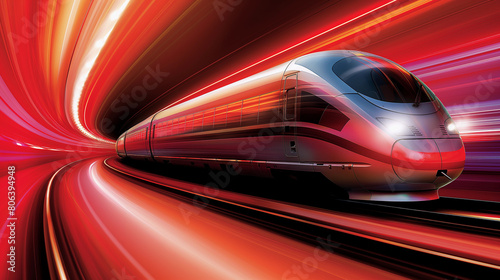 A train is speeding down a track with a red background