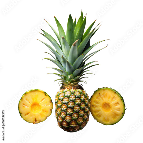 Whole Pineapple and Cross-Section Slices on a Transparent Background