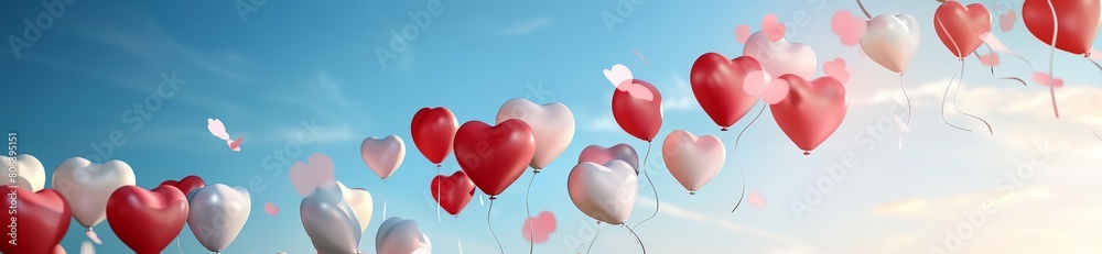 a bunch of balloons floating in the air with a sky background
