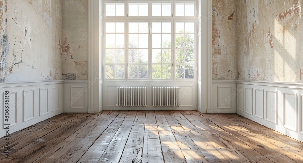 a room with a window and a radiator